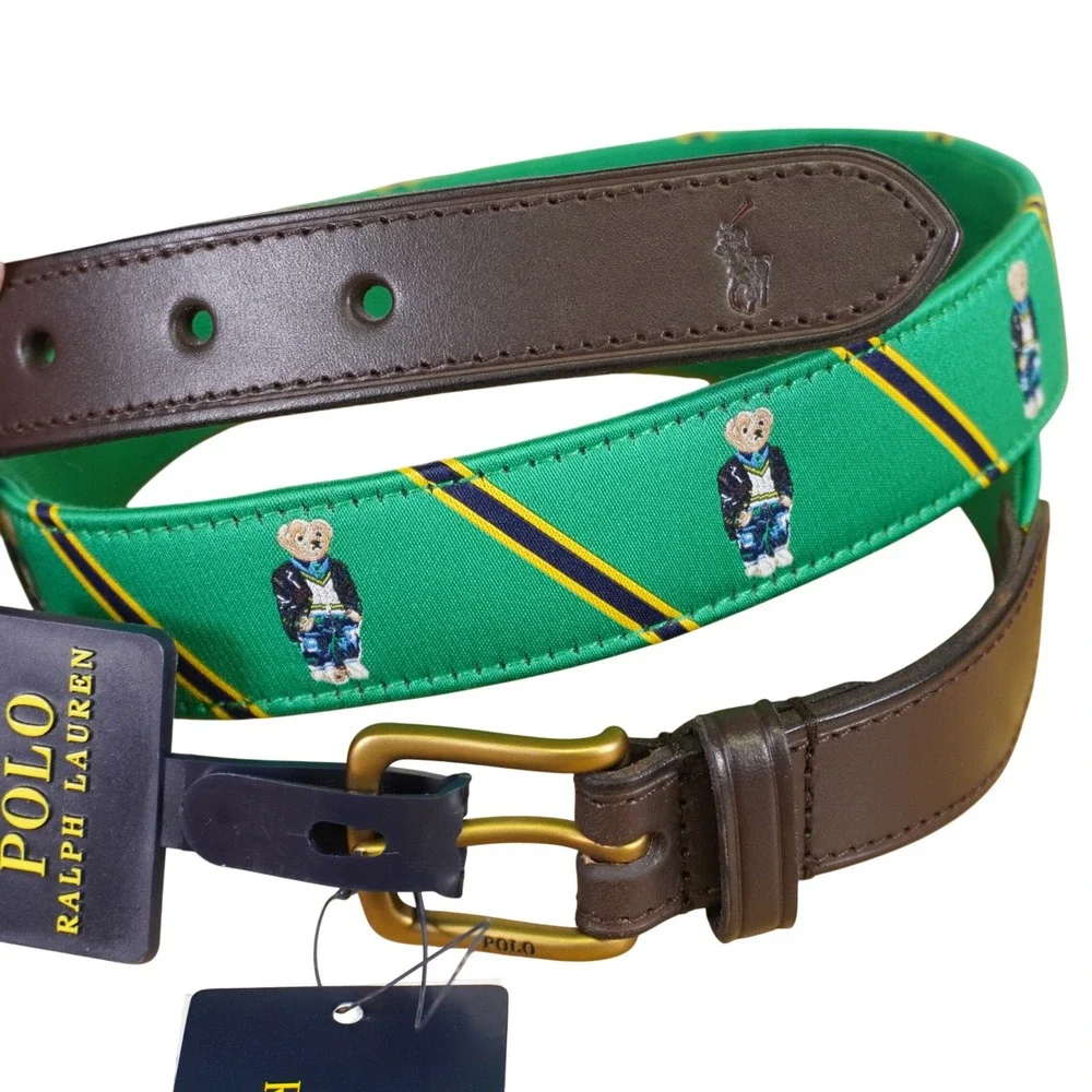 Polo Ralph Lauren Belt Mens 36 Green Polo Bear Silk Ribbon Leather Preppy